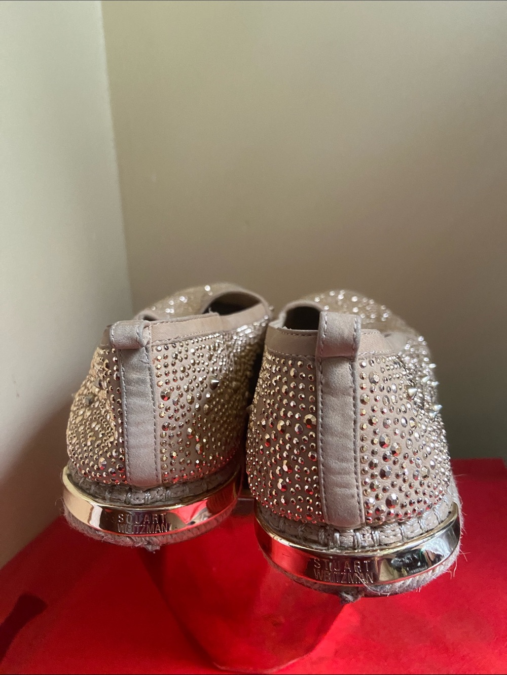 Stuart Weitzman Beige with gold Crystal Embellished Women's Espadrille Slip-Ons - Picture 4 of 5